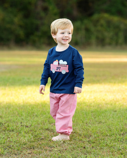 Navy And Red Gingham Applique Valentine Firetruck Pant Set