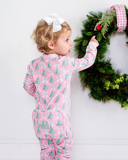 Pink And Green Bow And Christmas Tree Knit Zipper Pajamas