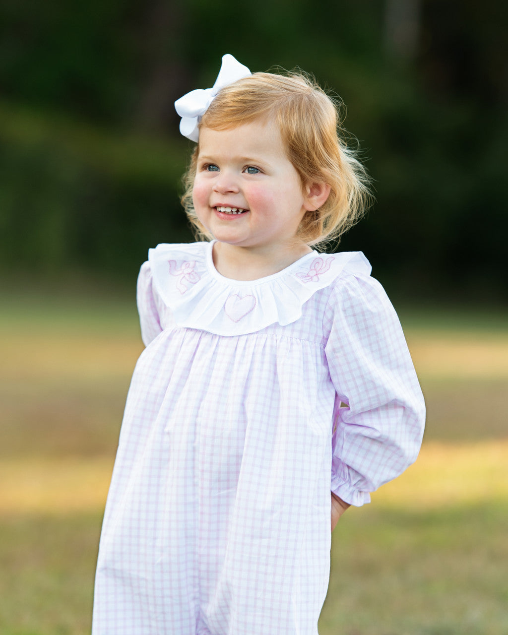 Pink Windowpane Embroidered Heart And Bow Long Bubble