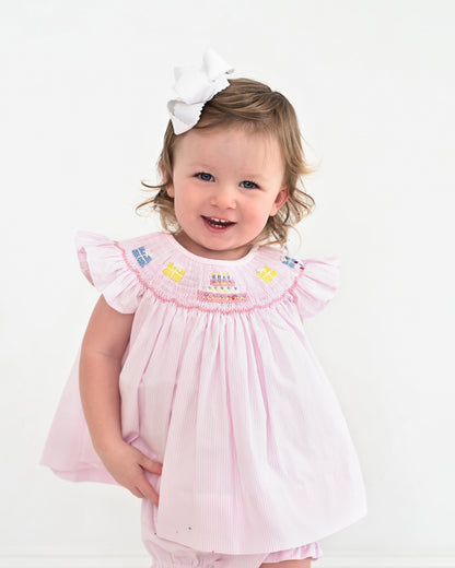 Pink Stripe Smocked Birthday Diaper Set