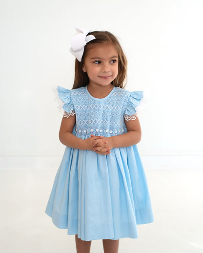 Blue Geometric Floral Smocked Dress