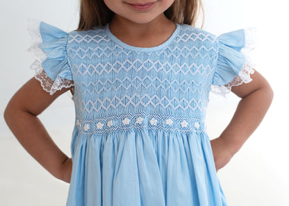 Blue Geometric Floral Smocked Dress