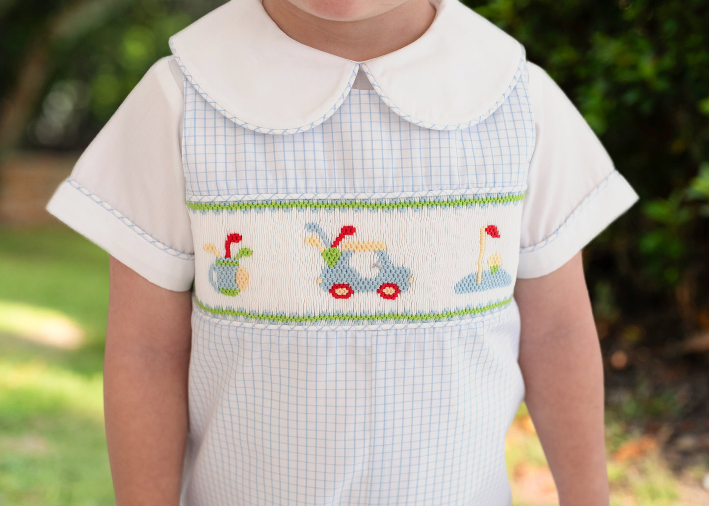 Blue Windowpane Smocked Golf Jon Jon Set