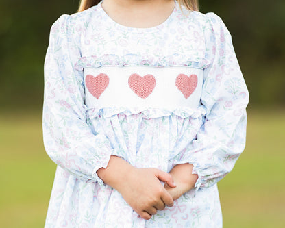 Pink And Blue Floral Smocked Hearts Dress