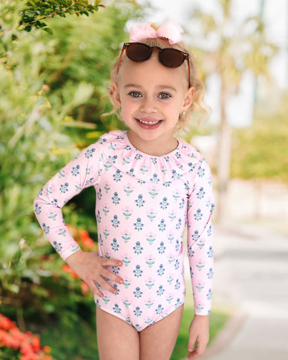 Pink And Blue Floral Print Lycra Rashguard Swimsuit