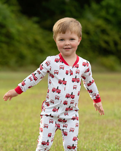 Red Christmas Firetruck Knit Zipper Pajamas