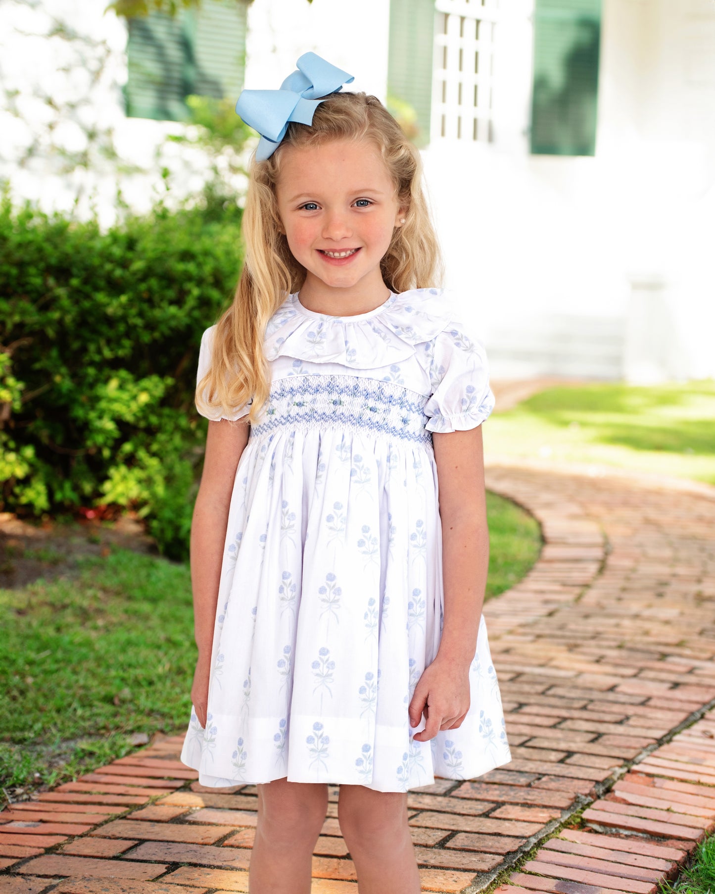 Blue Hydrangea Smocked Rosette Dress