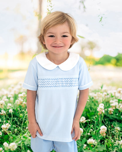 Blue Gingham Geometric Smocked Short Set