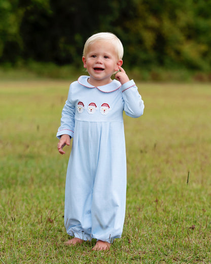 Blue Gingham Knit Santa Long Romper