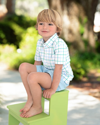 Blue And Green Windowpane Polo Short Set