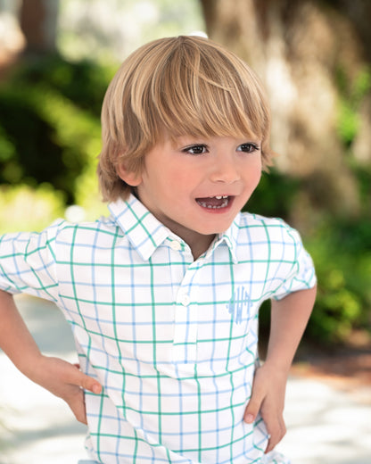 Blue And Green Windowpane Polo Short Set