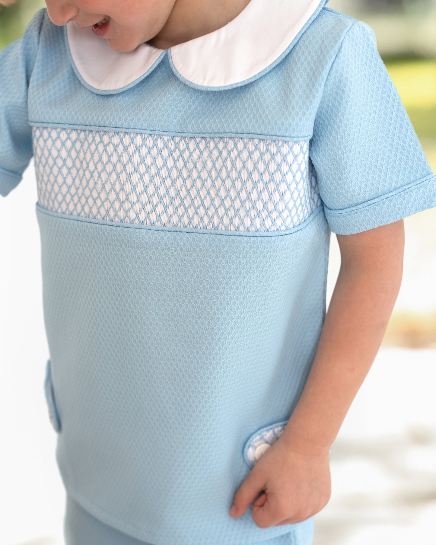 Blue Honeycomb Smocked Tab Short Set