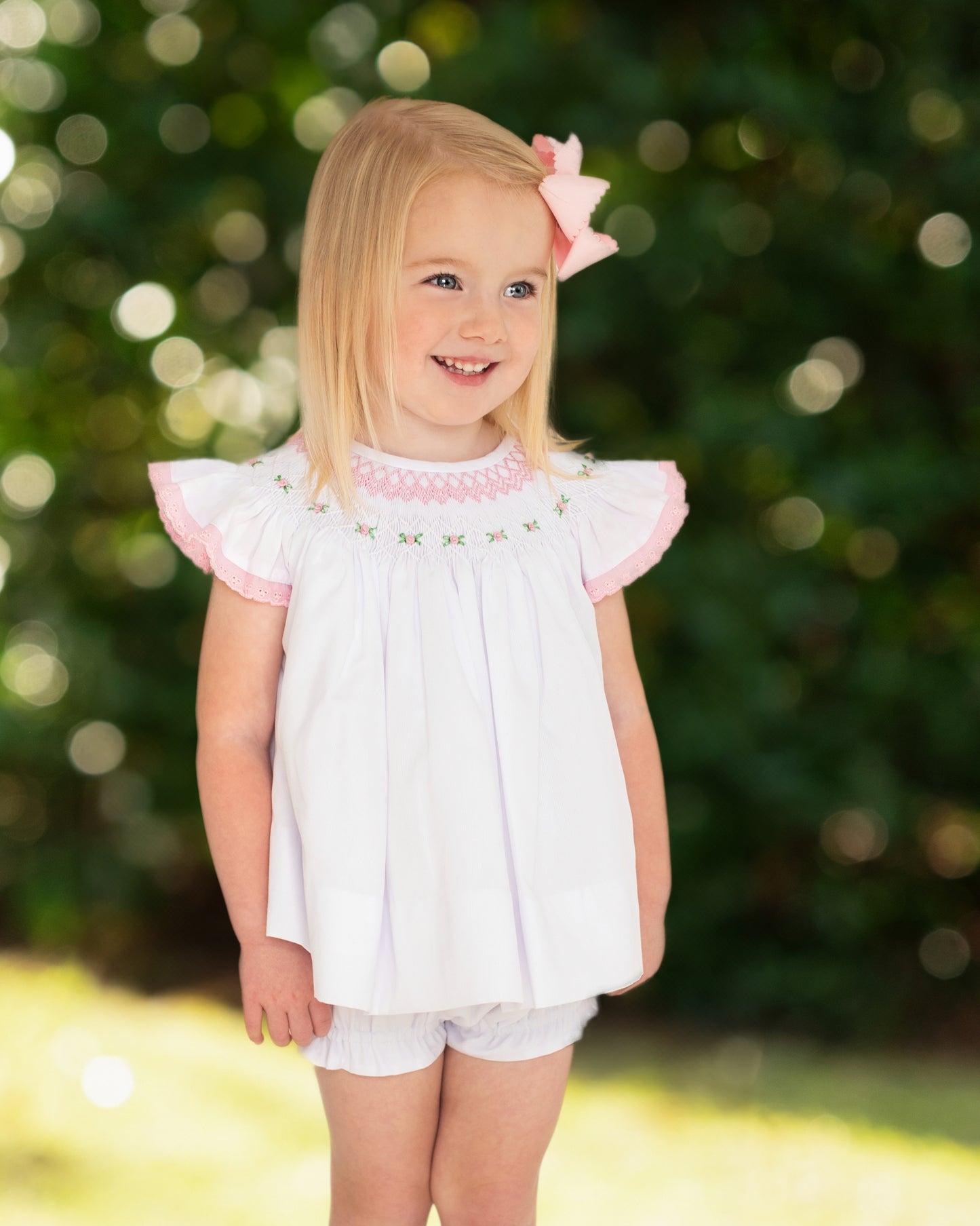 Pink Smocked Rosebud Eyelet Diaper Set