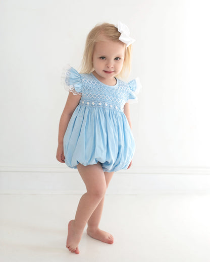 Blue Geometric Floral Smocked Bubble