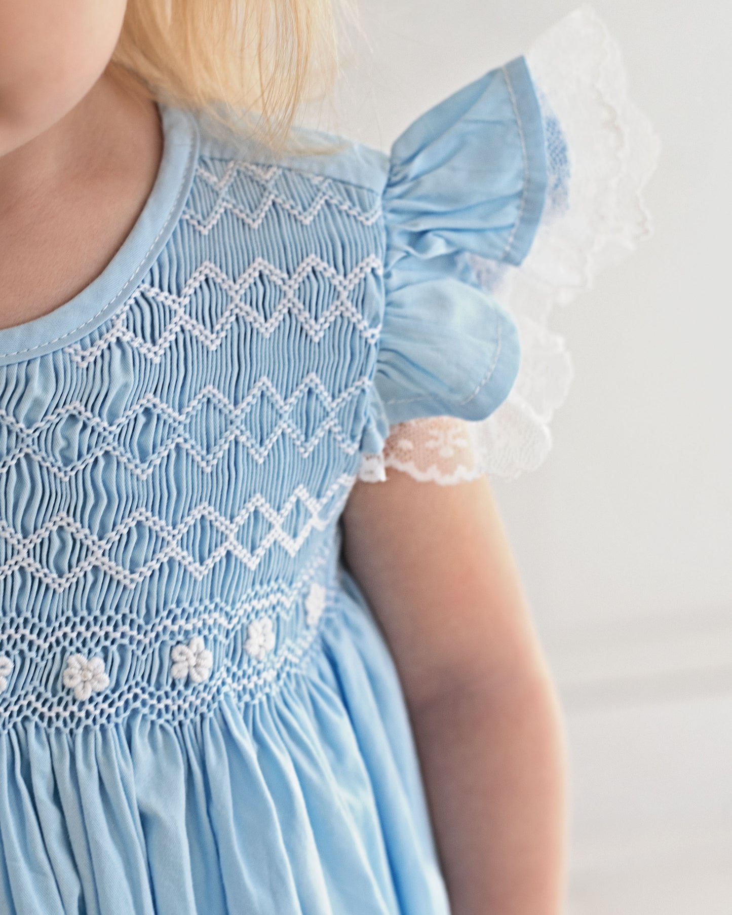 Blue Geometric Floral Smocked Bubble