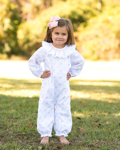 Pink Heart Print Smocked Long Bubble