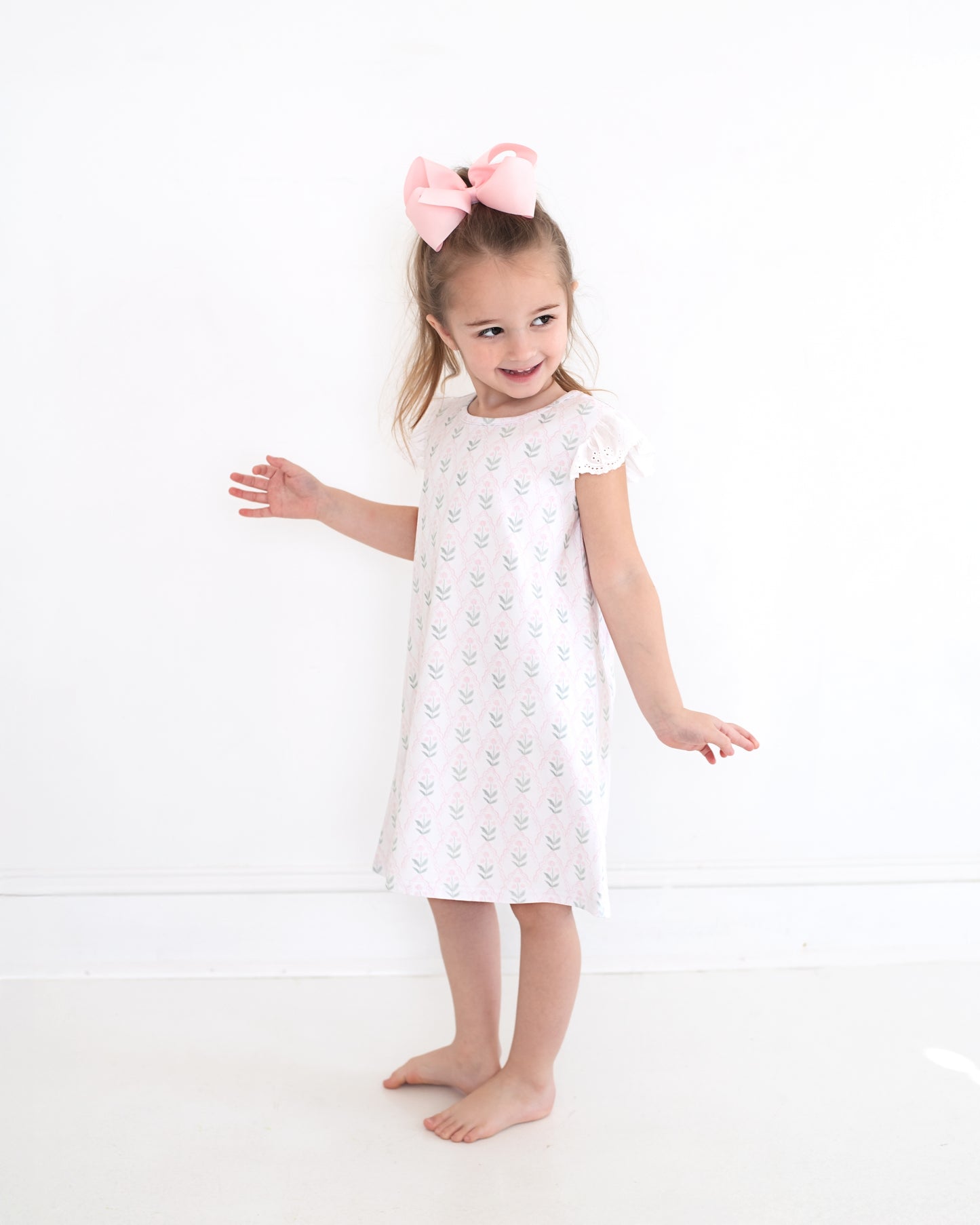 Pink And Green Flower Print Knit Play Dress