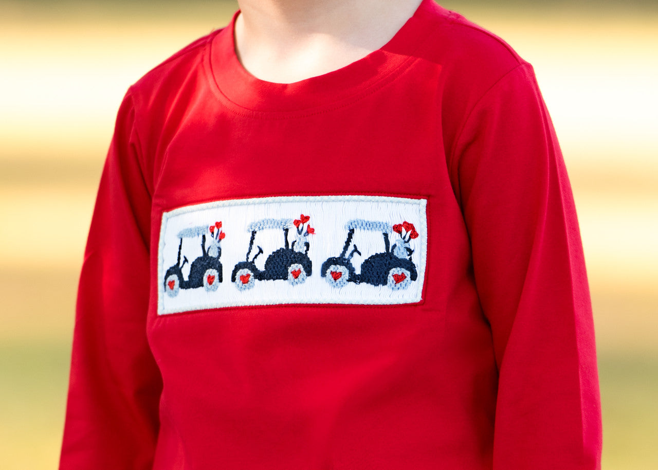 Red And Blue Corduroy Smocked Valentine Golf Cart Pant Set