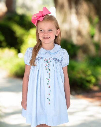 Blue Gingham Embroidered Floral Dress