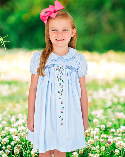 Blue Gingham Embroidered Floral Dress