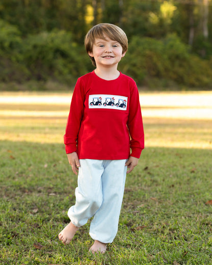 Red And Blue Corduroy Smocked Valentine Golf Cart Pant Set