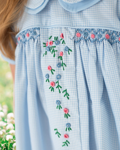 Blue Gingham Embroidered Floral Dress