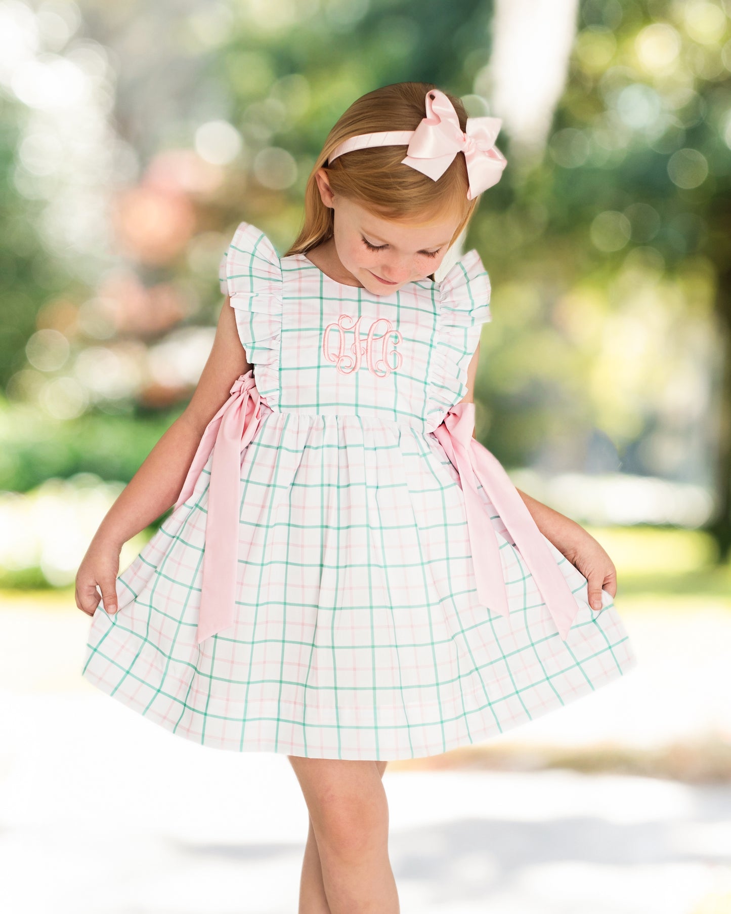 Pink And Green Windowpane Bow Dress