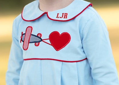 Blue Corduroy Applique Valentine Airplane Long Romper