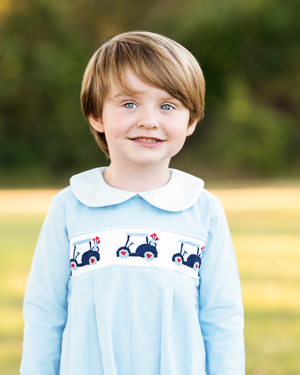 Blue Corduroy Smocked Valentine Golf Cart Long Romper