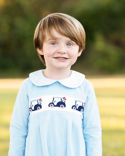 Blue Corduroy Smocked Valentine Golf Cart Long Romper