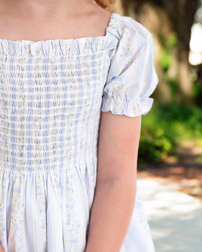 Blue Floral Striped Smocked Dress