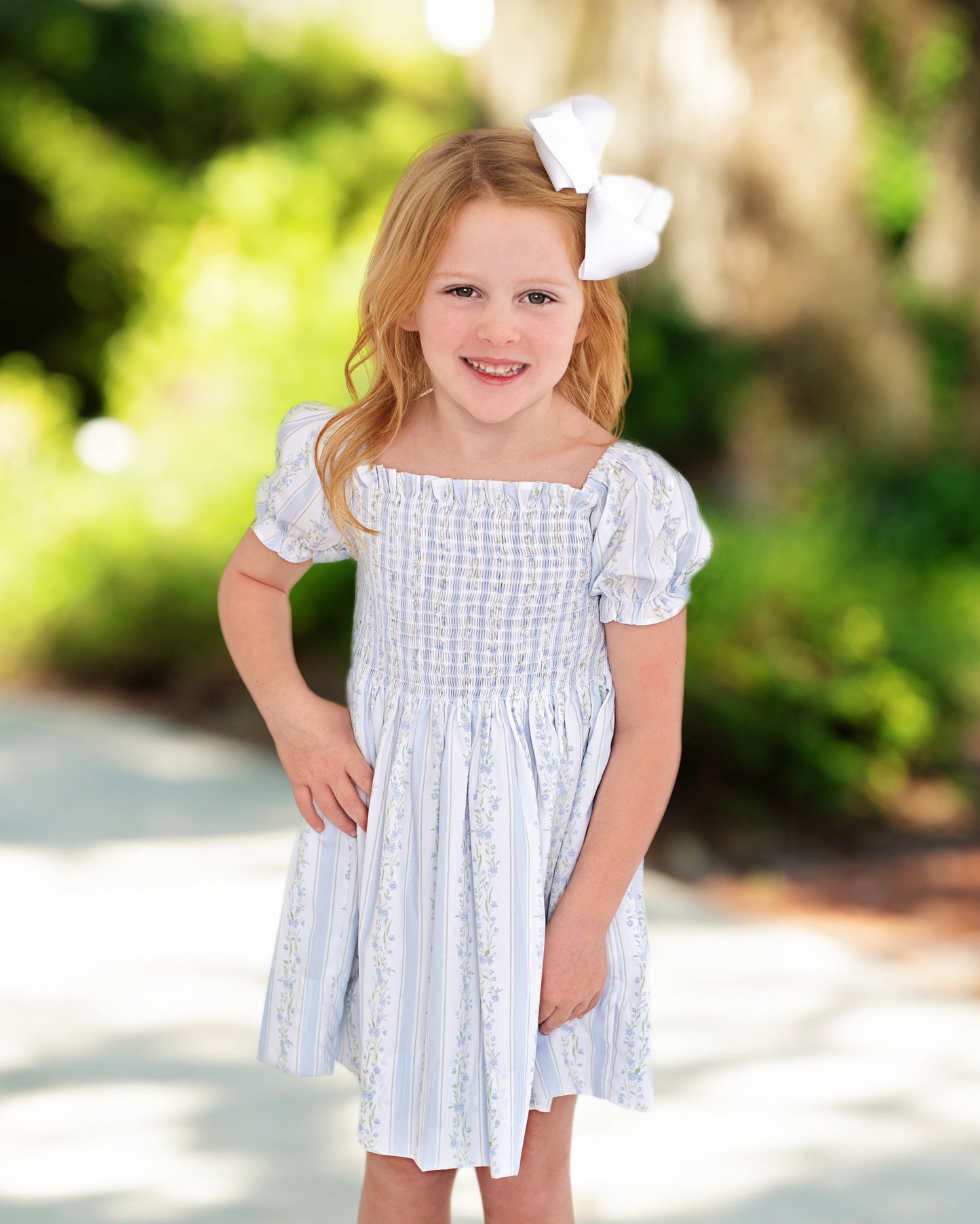 Blue Floral Striped Smocked Dress