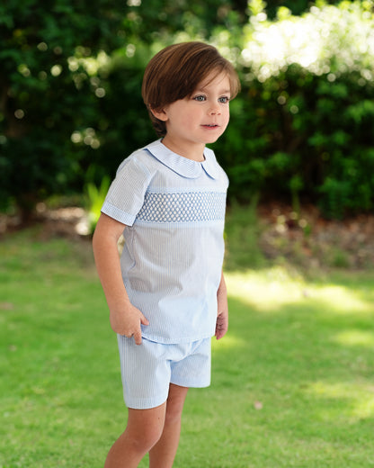 Blue Striped Smocked Short Set