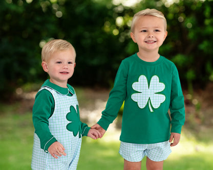 Green Gingham Applique Shamrock Long Romper Set