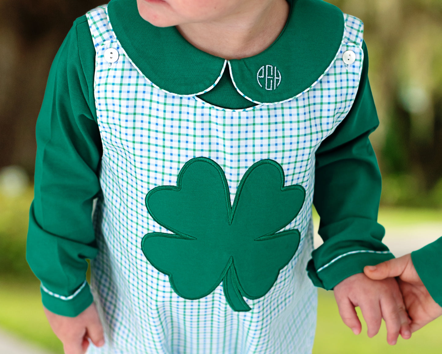 Green Gingham Applique Shamrock Long Romper Set