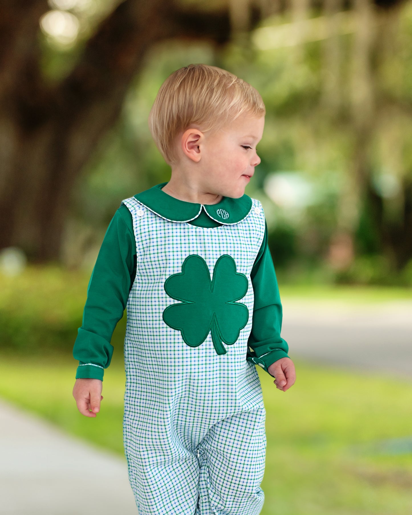 Green Gingham Applique Shamrock Long Romper Set