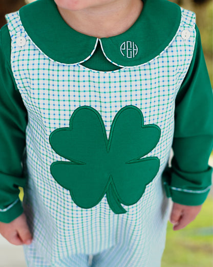 Green Gingham Applique Shamrock Long Romper Set