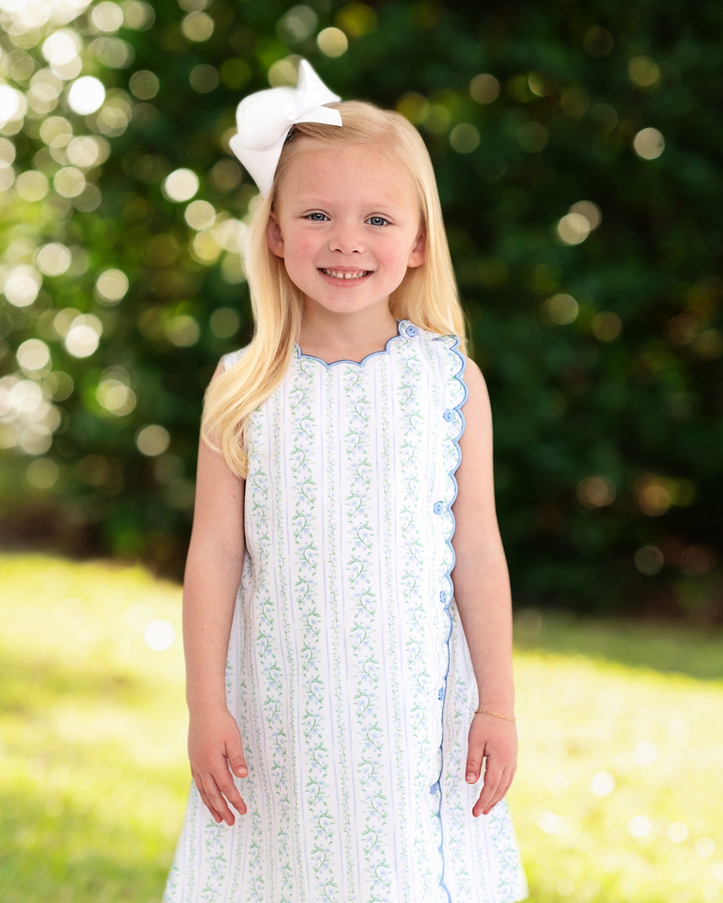 Blue And Green Floral Vines Scalloped Dress