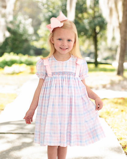 Blue And Pink Plaid Smocked Ribbon Dress