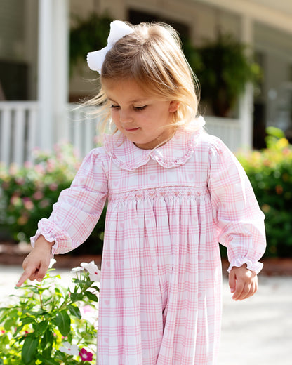 Pink Knit Smocked Plaid Heart Print Long Bubble