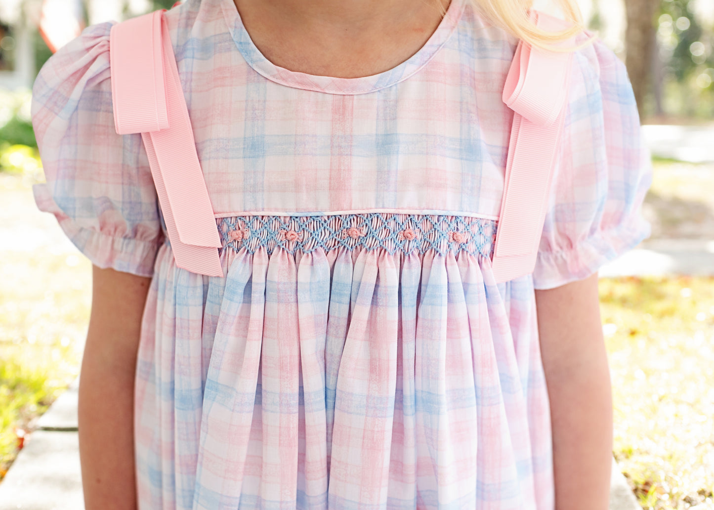 Blue And Pink Plaid Smocked Ribbon Dress