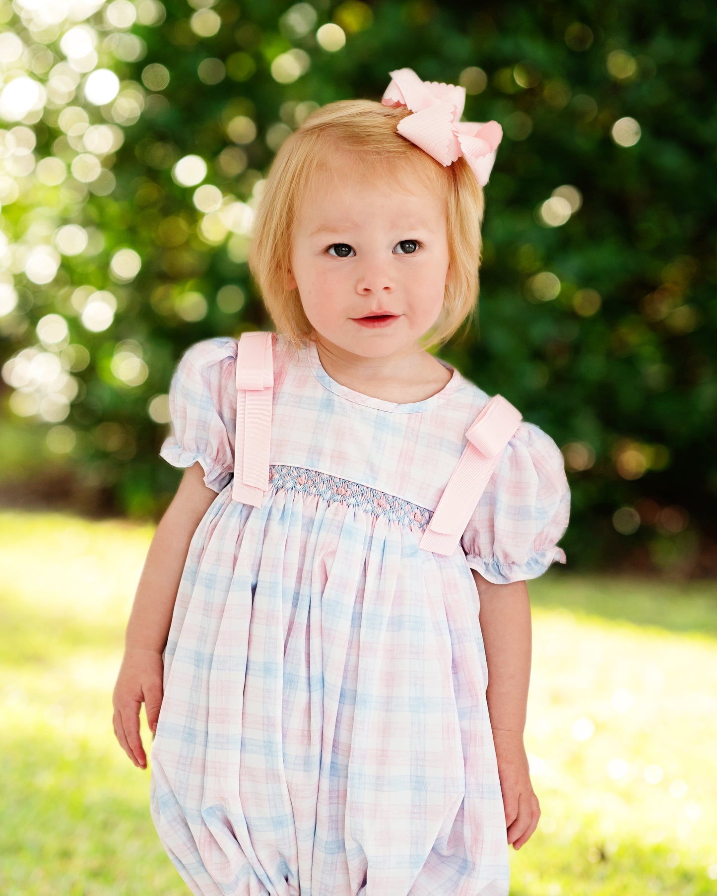 Blue And Pink Plaid Smocked Ribbon Bubble