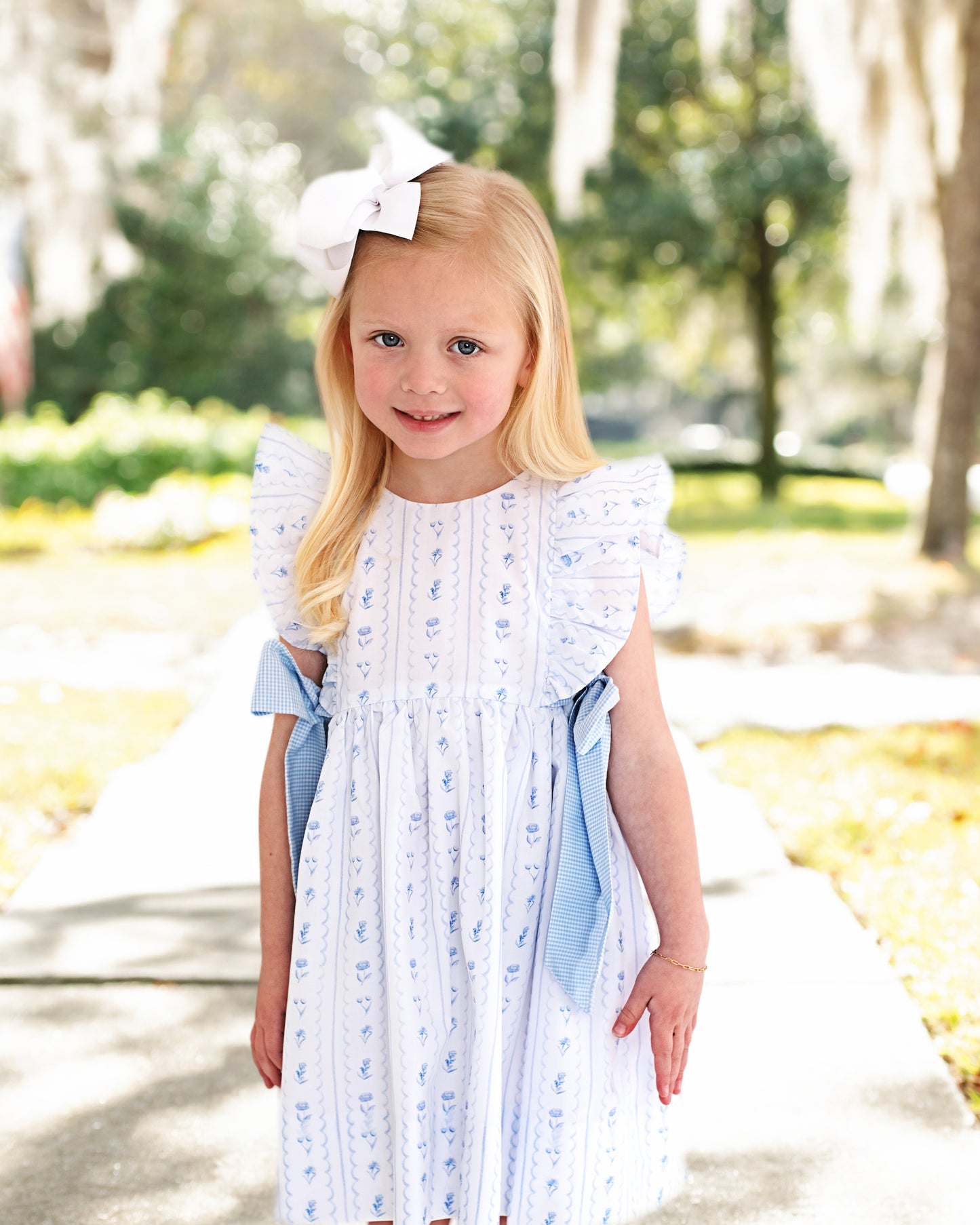 Blue Floral Print Bow Dress