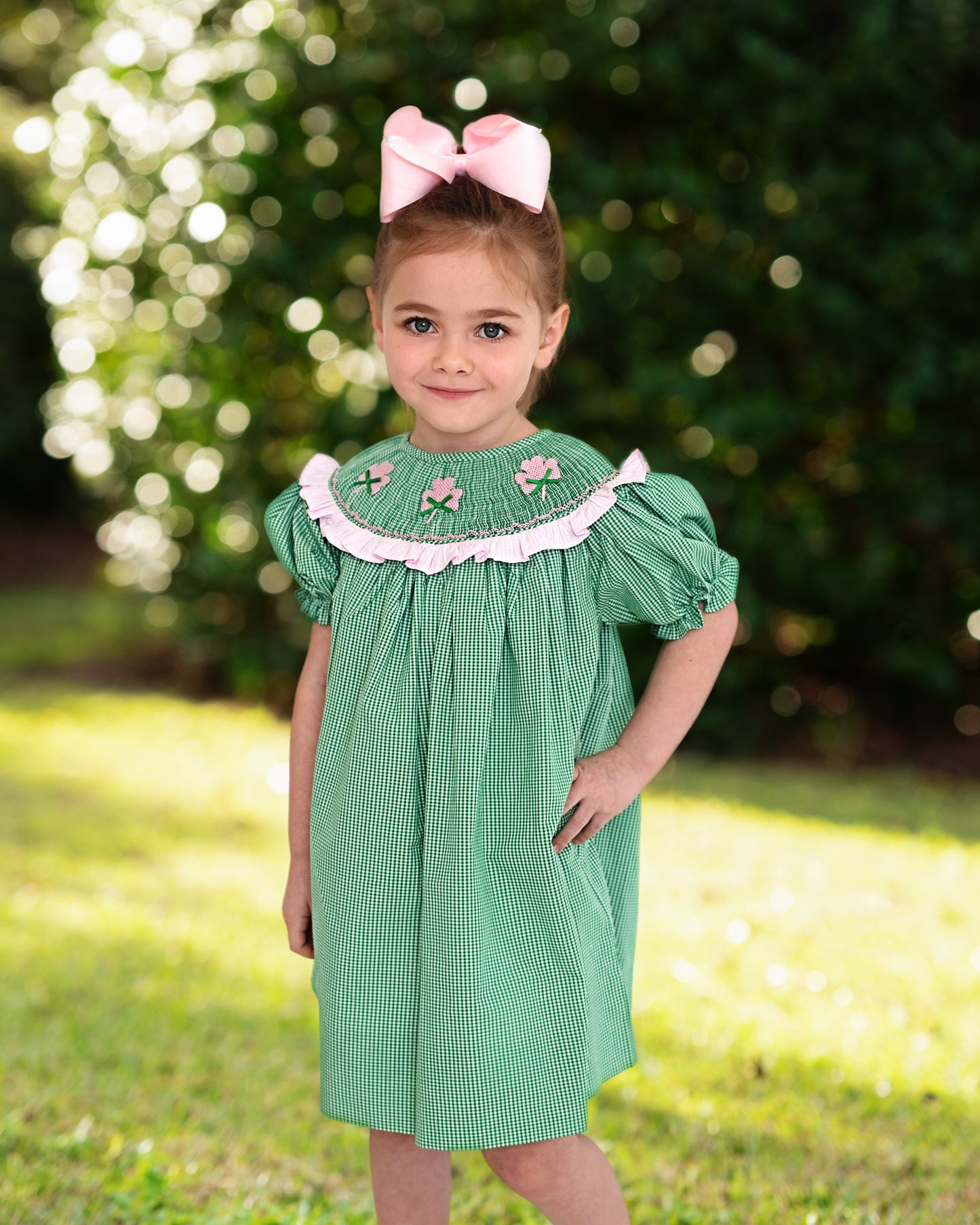 Green Gingham Smocked Shamrock Dress