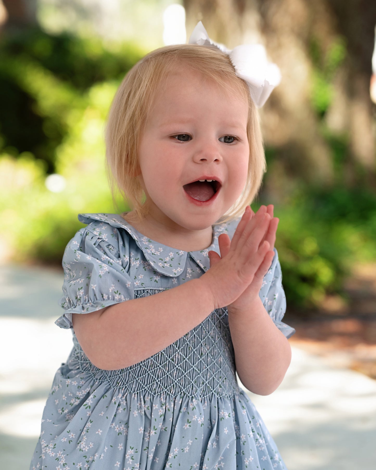 Blue And White Petite Floral Smocked Bubble