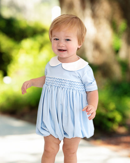 Blue Gingham Geometric Smocked Bubble