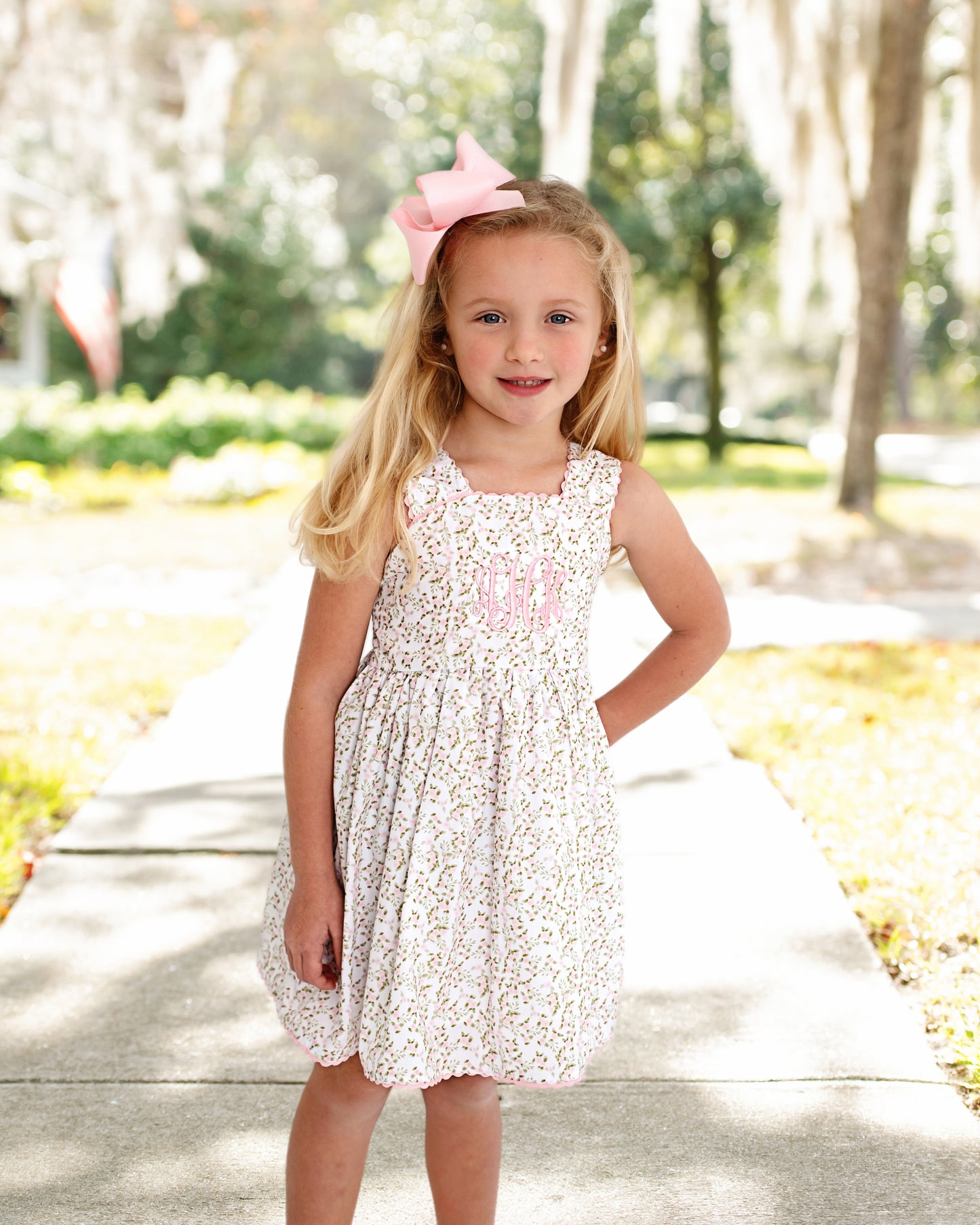 Pink And Green Rose Print Bow Dress