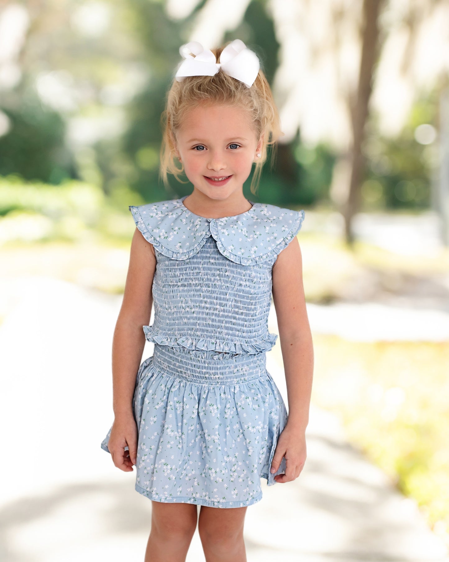 Blue And White Petite Floral Smocked Skirt Set