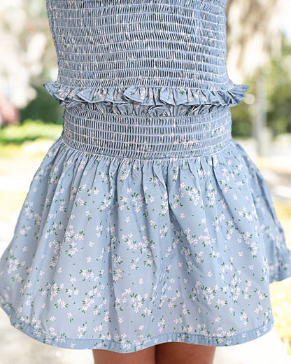 Blue And White Petite Floral Smocked Skirt Set