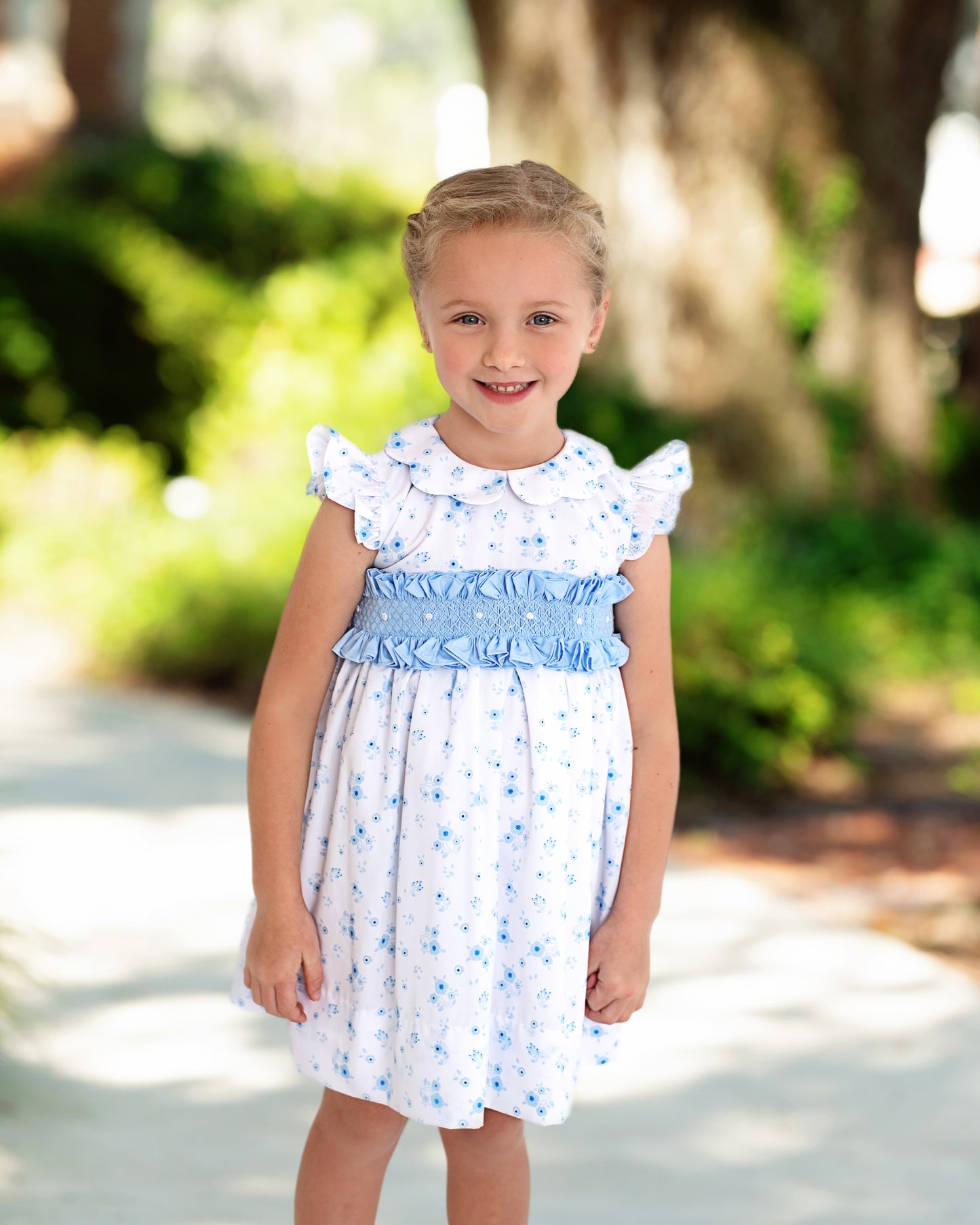 Blue Floral Smocked Ruffled Dress